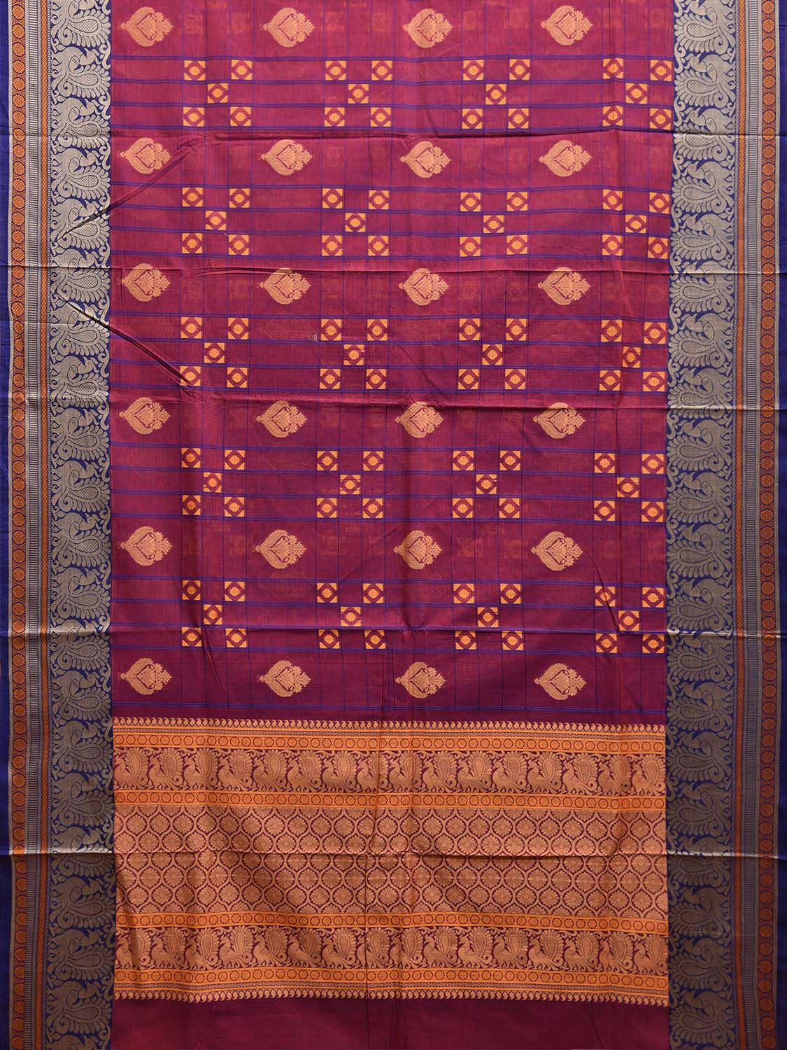 Purple and Blue Kanchipuram Cotton Saree with Checks Buta and Pallu Design k0792