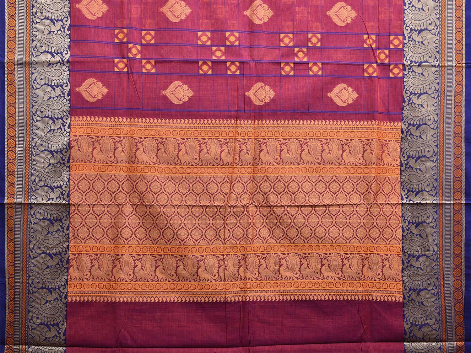 Purple and Blue Kanchipuram Cotton Saree with Checks Buta and Pallu Design k0792
