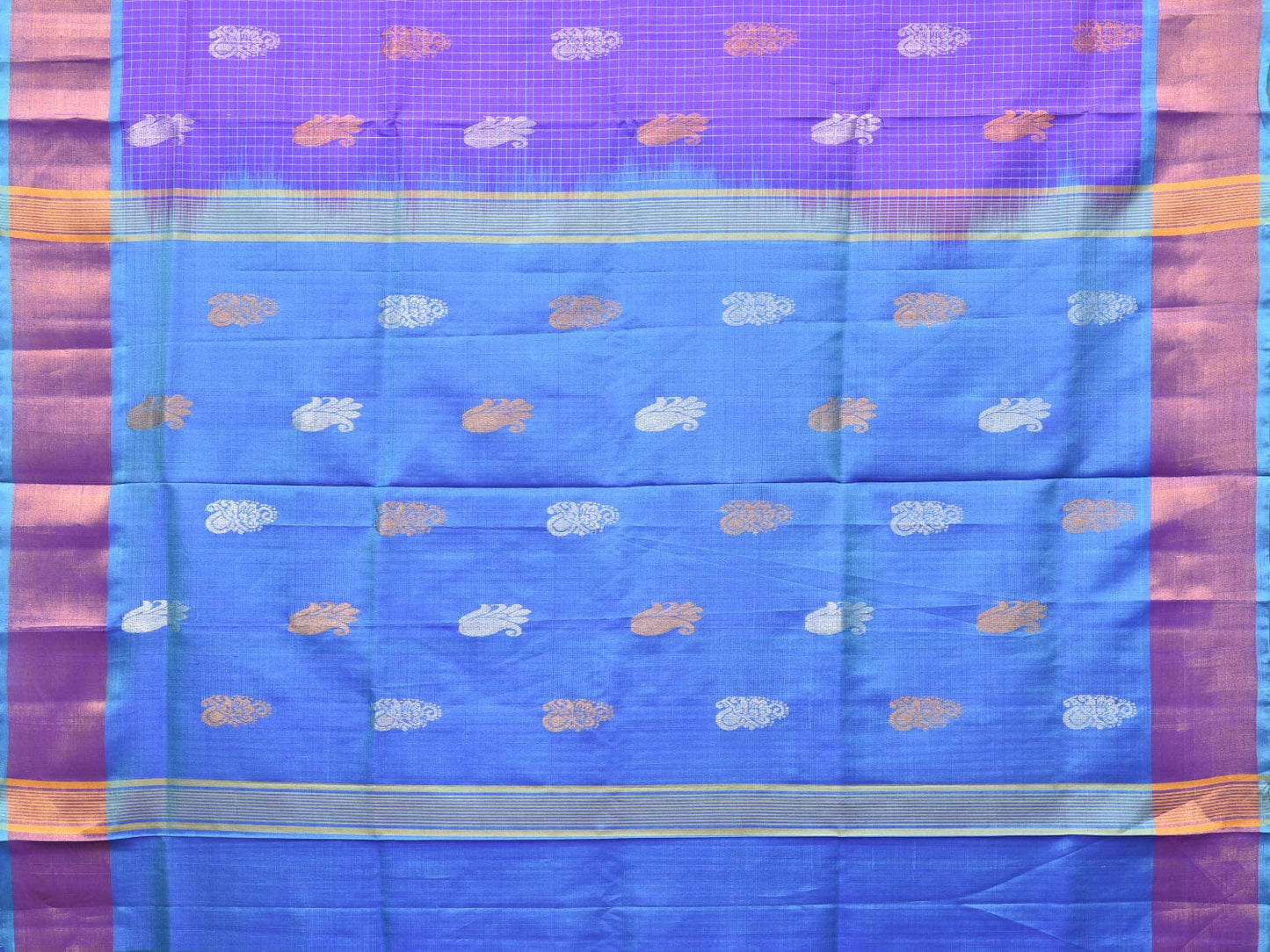 Purple and Blue Uppada Silk Handloom Saree with Checks and Buta Design u2079