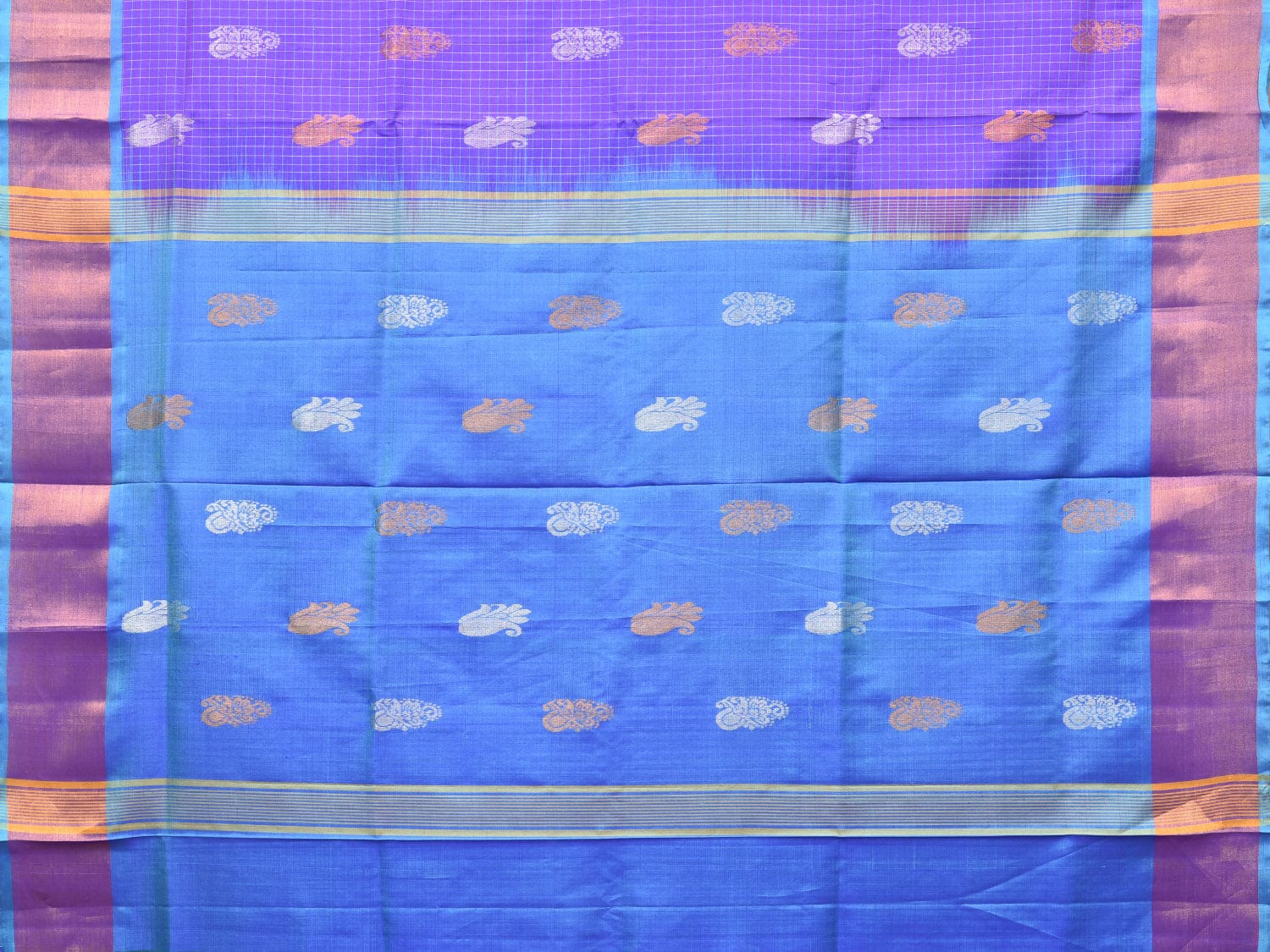 Purple and Blue Uppada Silk Handloom Saree with Checks and Buta Design u2079