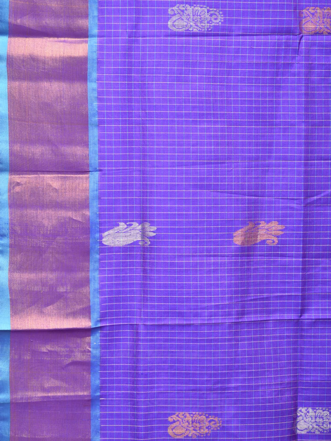 Purple and Blue Uppada Silk Handloom Saree with Checks and Buta Design u2079