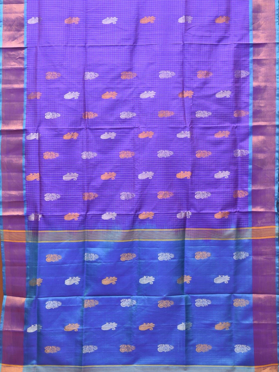 Purple and Blue Uppada Silk Handloom Saree with Checks and Buta Design u2079