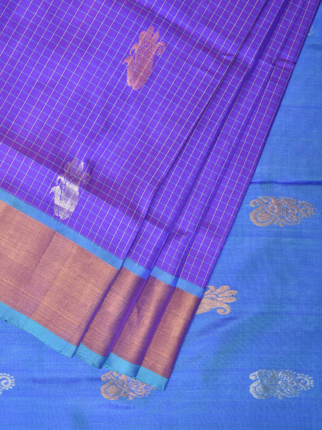 Purple and Blue Uppada Silk Handloom Saree with Checks and Buta Design u2079