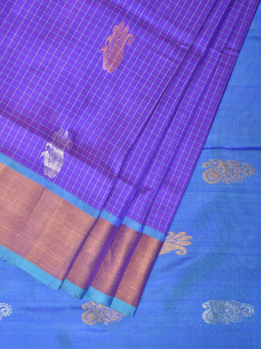 Purple and Blue Uppada Silk Handloom Saree with Checks and Buta Design u2079