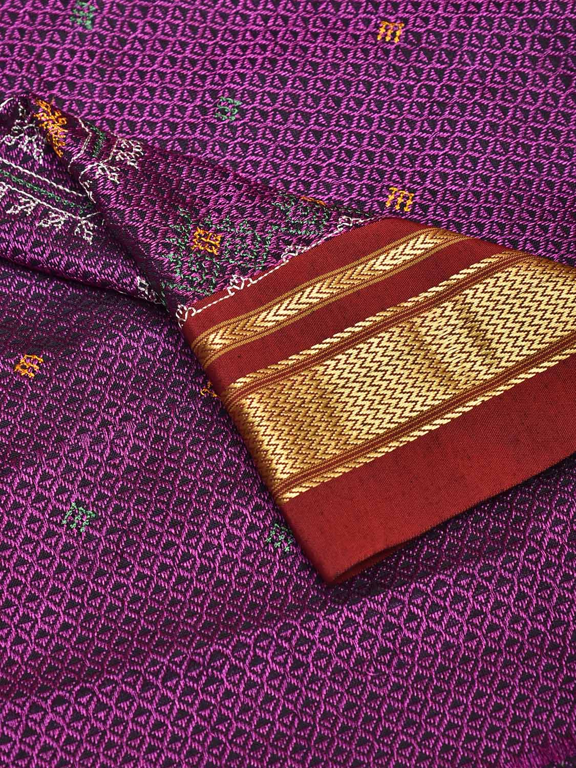 Purple and Dark Red Kasuti Viscose Blouse with Peacock Design Length 1mt Width 44 Inches BL0158