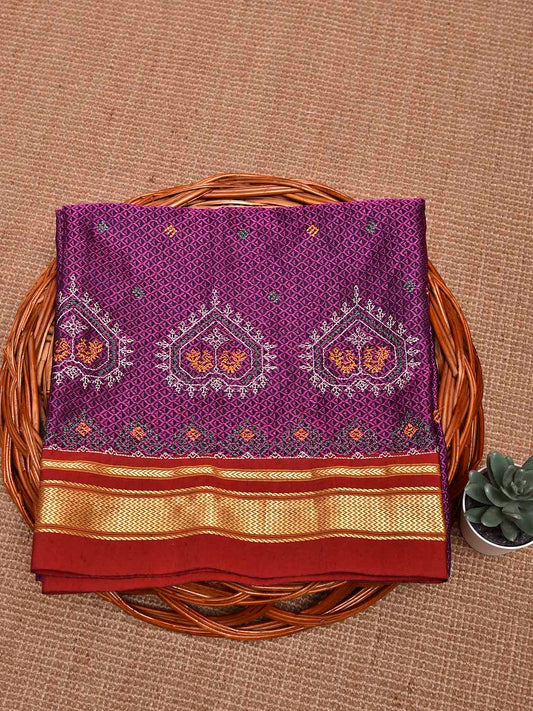 Purple and Dark Red Kasuti Viscose Blouse with Peacock Design Length 1mt Width 44 Inches BL0158