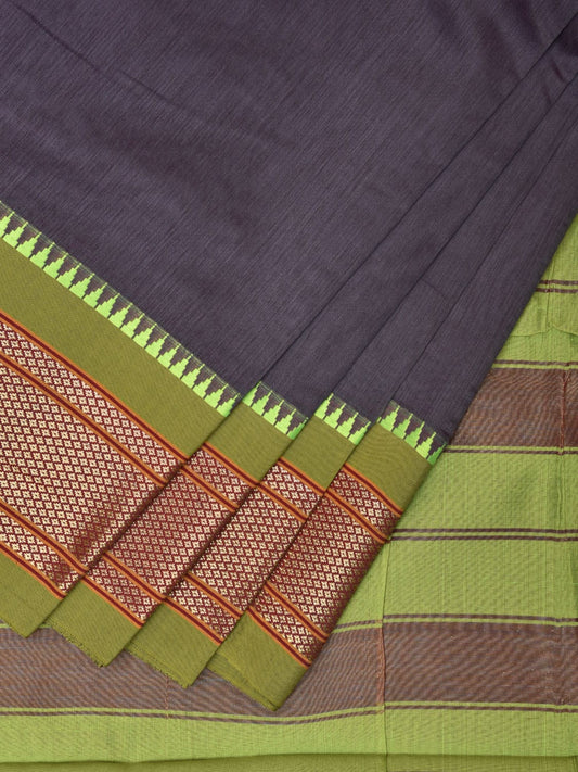 Purple and Green Bamboo Cotton Plain Saree with Narali Border No Blouse bc0550