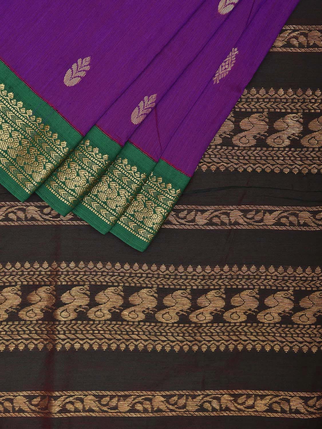 Purple and Green Gadwal Cotton Viscose Saree with Border and Pallu Design g0456