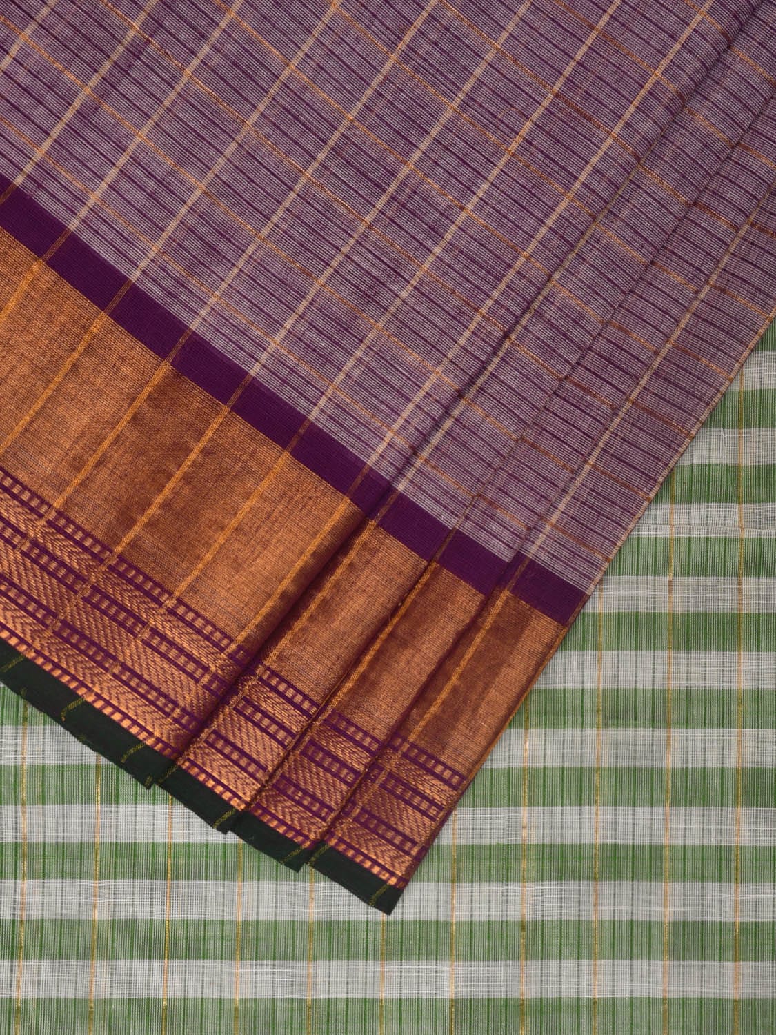 Purple and Green Kanchipuram Cotton Handloom Saree with Checks Design k0555