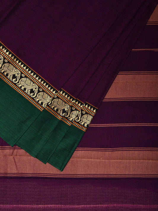 Purple and Green Narayanpet Cotton Plain Saree with Strips and Elephant Border Design No Blouse np1092