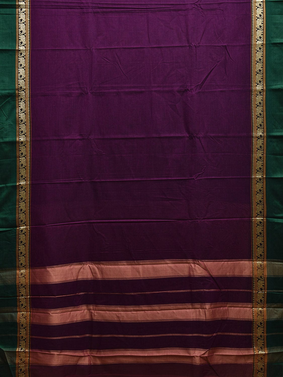 Purple and Green Narayanpet Cotton Plain Saree with Strips and Elephant Border Design No Blouse np1092