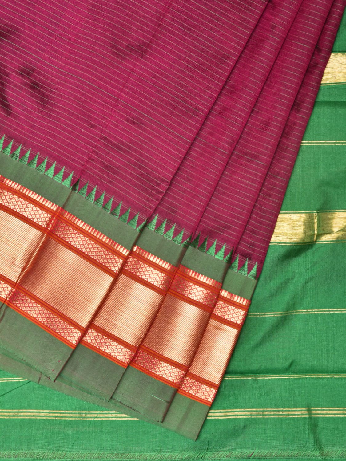 Purple and Green Narayanpet Silk Saree with Strips Design No Blouse np0780