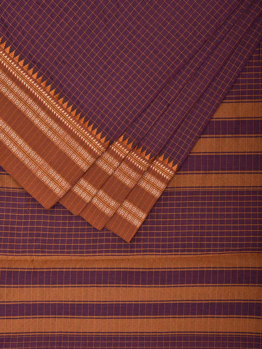 Purple and Light Brown Bamboo Cotton Saree with Checks Design No Blouse bc0666