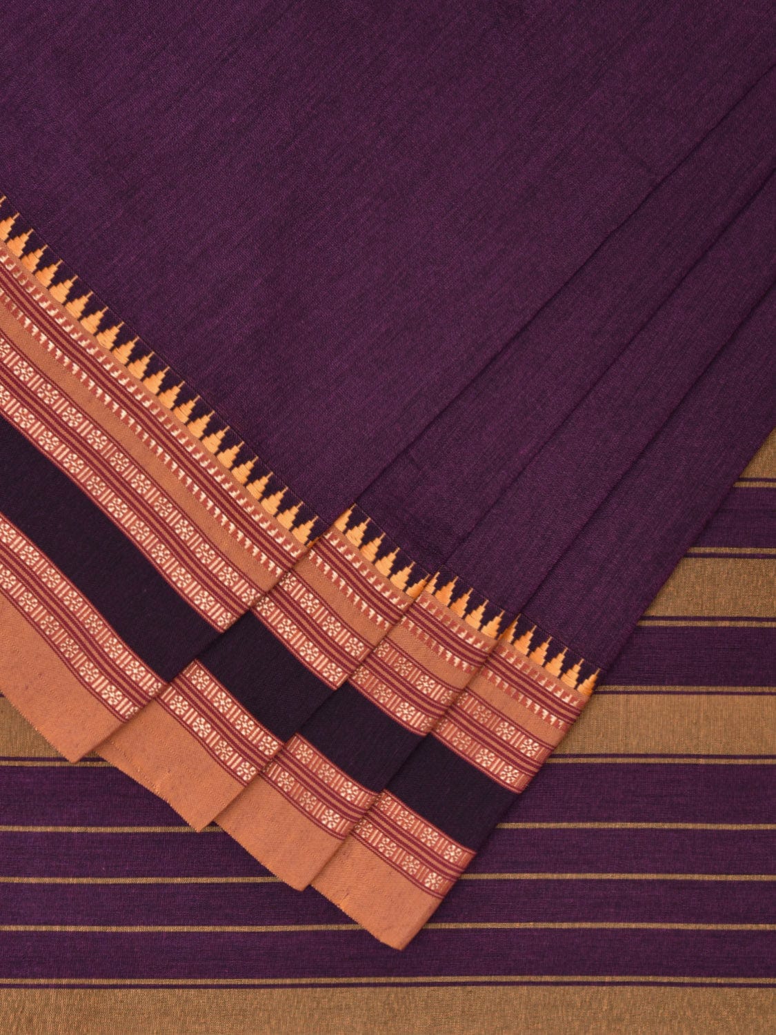 Purple and Mustard Bamboo Cotton Plain Saree with Strips Pallu Design No Blouse bc0598