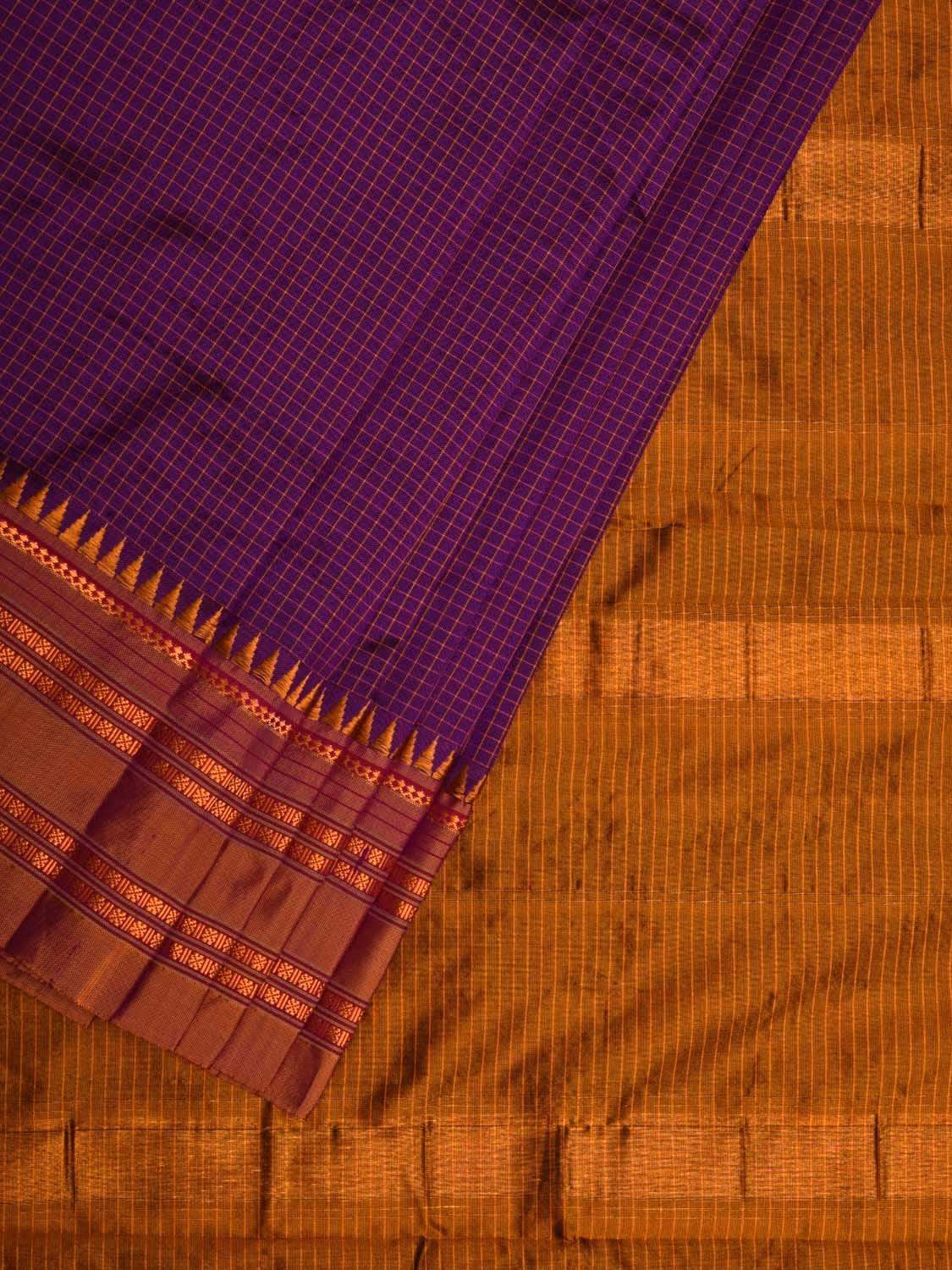 Purple and Mustard Narayanpet Silk Handloom Saree with Checks Design No Blouse np0438