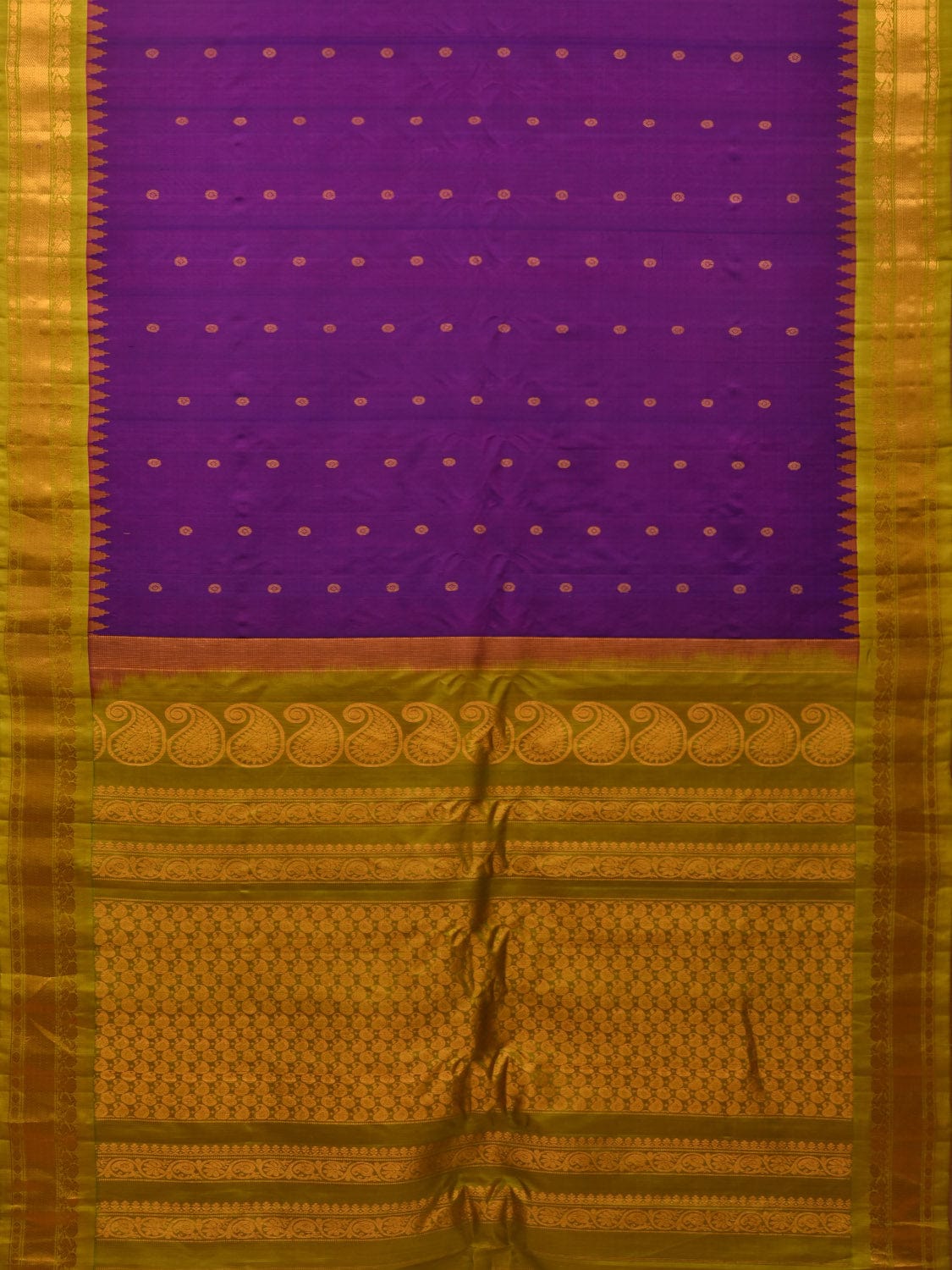 Purple and Olive Gadwal Silk Handloom Saree with Buta and Temple Border Design g0329