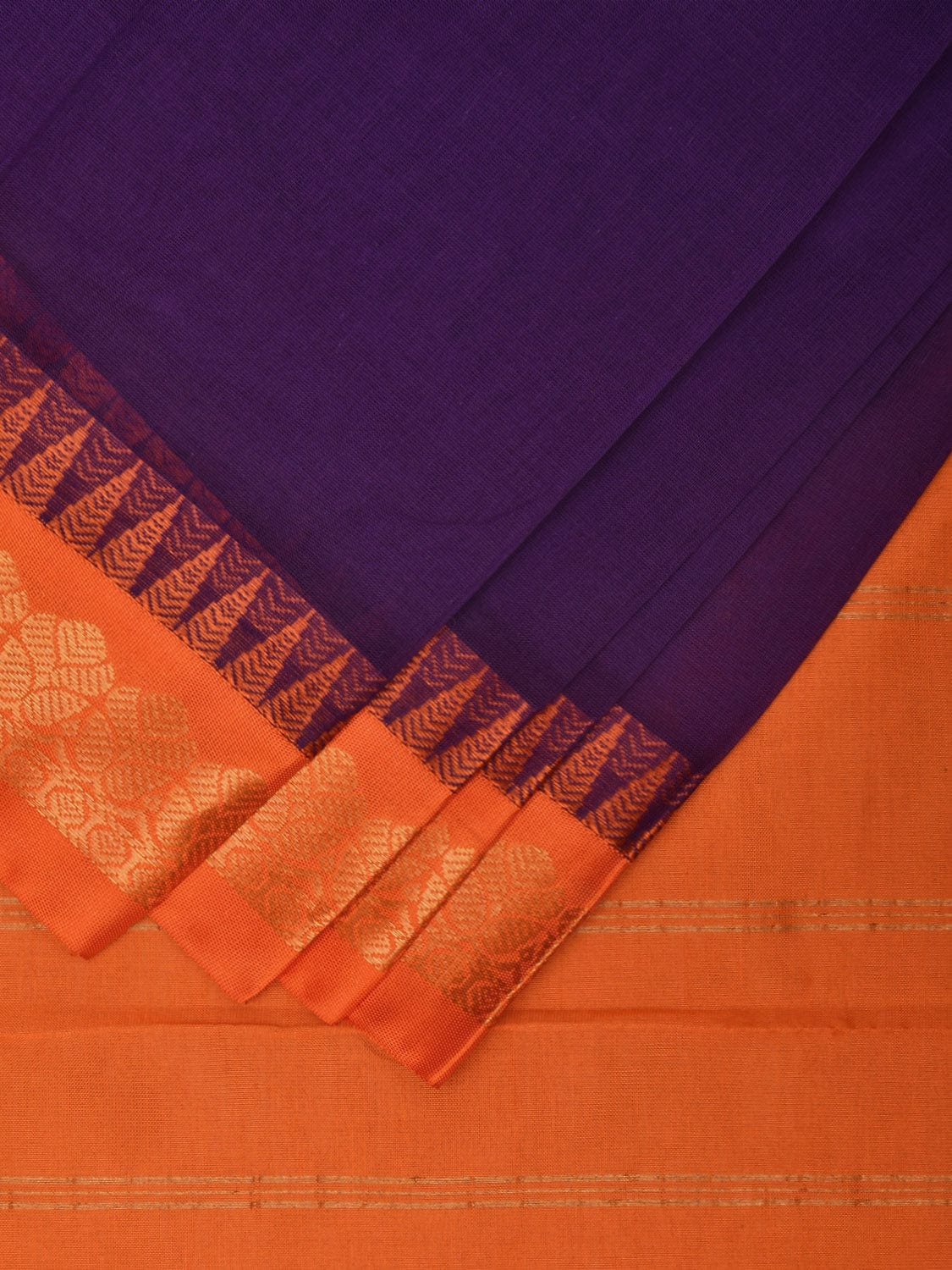 Purple and Orange Gadwal Cotton Handloom Plain Saree with Border and Strips Pallu Design No Blouse g0387