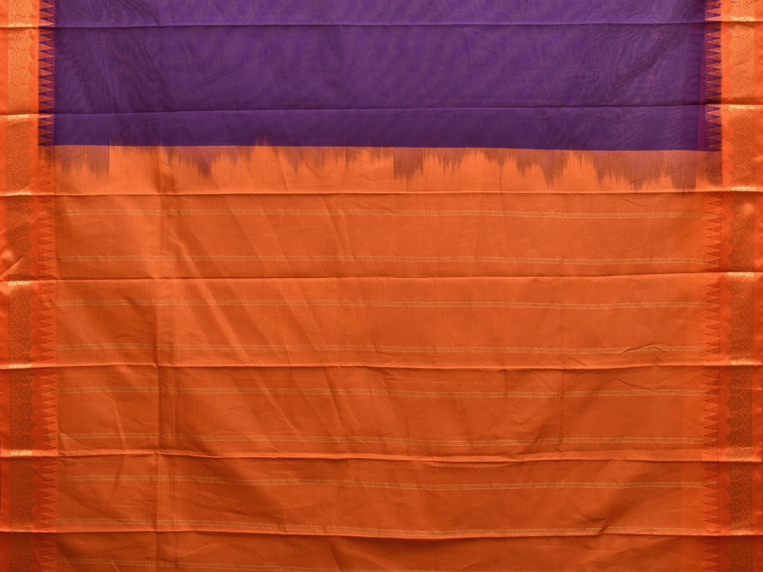 Purple and Orange Gadwal Cotton Handloom Plain Saree with Border and Strips Pallu Design No Blouse g0387