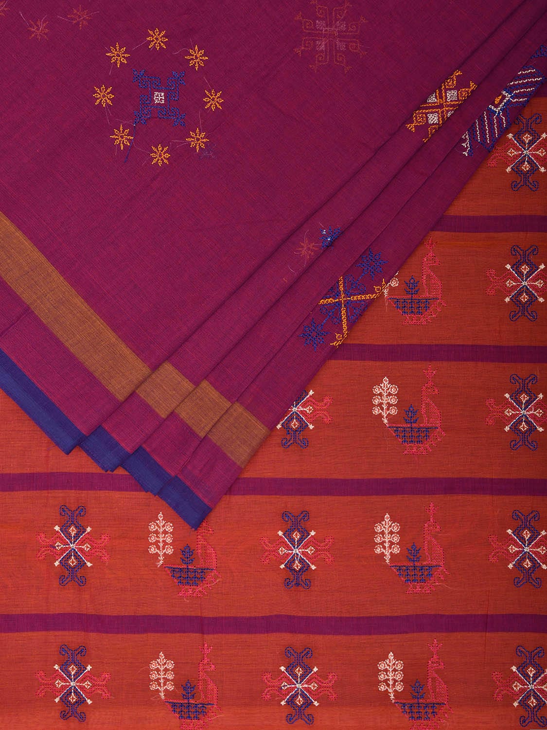 Purple and Orange Venkatagiri Cotton Handloom Saree with Kasuti Work Design o0643