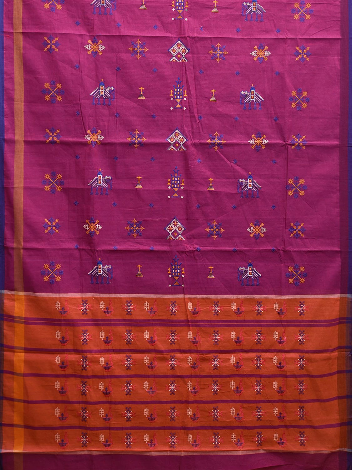 Purple and Orange Venkatagiri Cotton Handloom Saree with Kasuti Work Design o0643