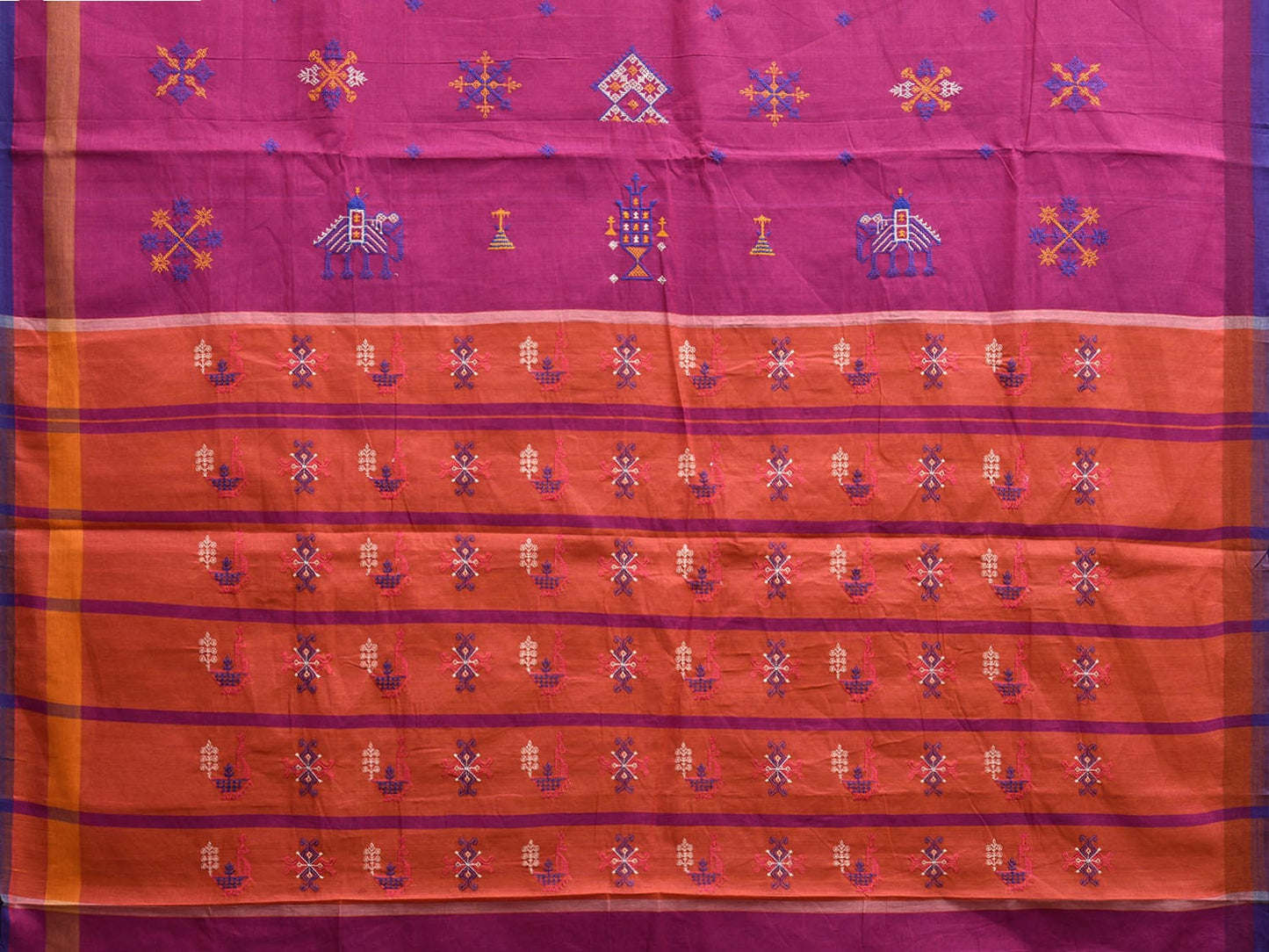 Purple and Orange Venkatagiri Cotton Handloom Saree with Kasuti Work Design o0643