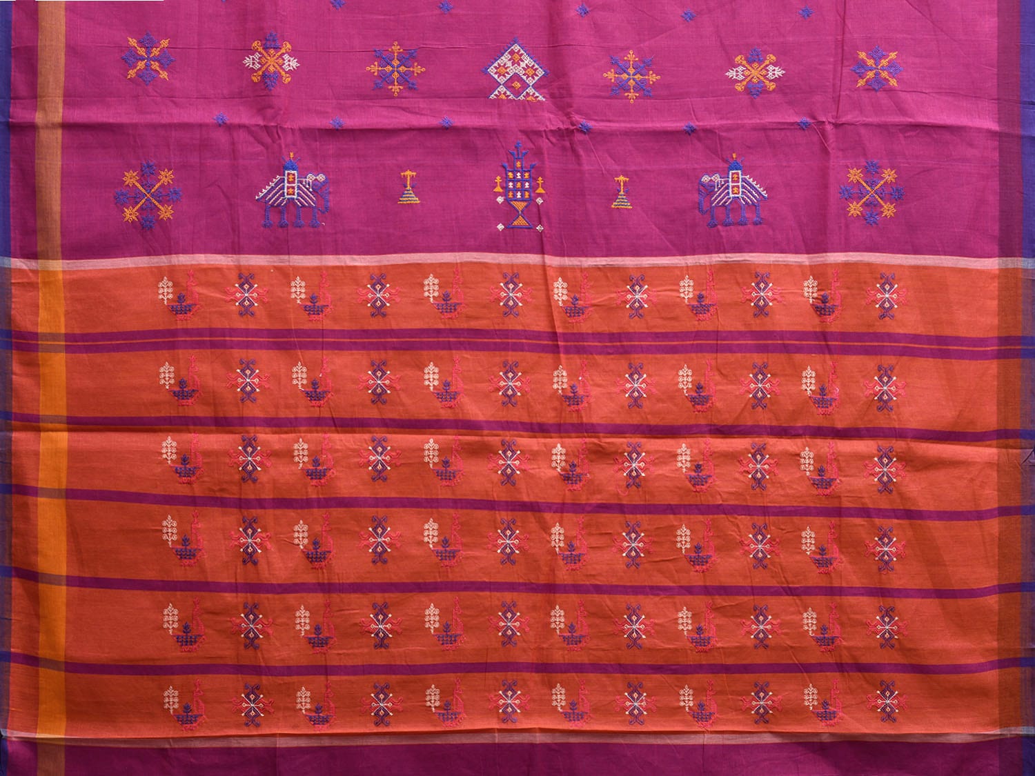 Purple and Orange Venkatagiri Cotton Handloom Saree with Kasuti Work Design o0643