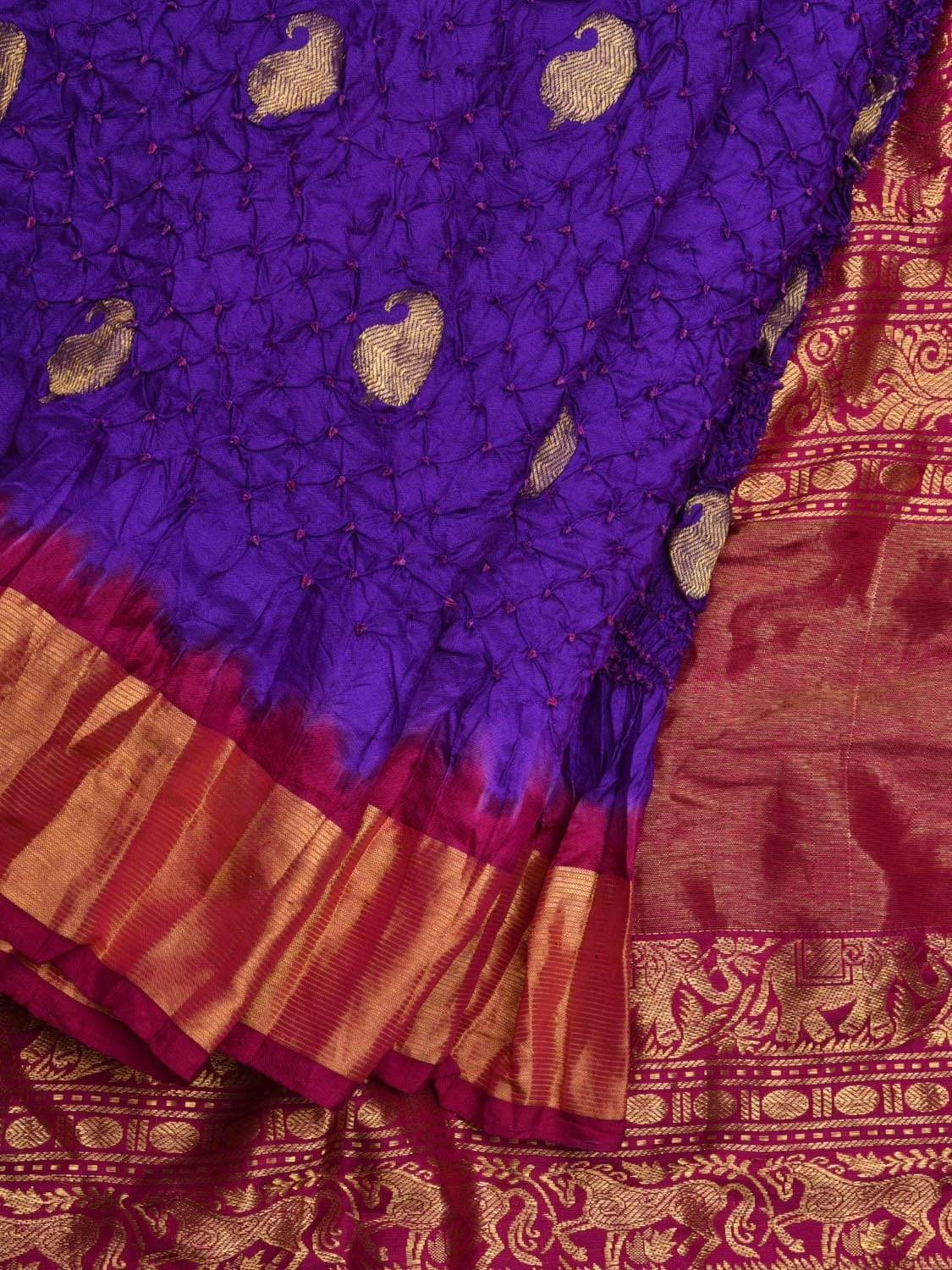 Purple and Pink Bandhani Kanchipuram Silk Handloom Saree with Small Mango Buta Design bn0299