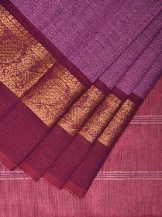 Purple and Pink Kanchipuram Cotton Plain Saree with Ganga-Jamuna Border Design k0617
