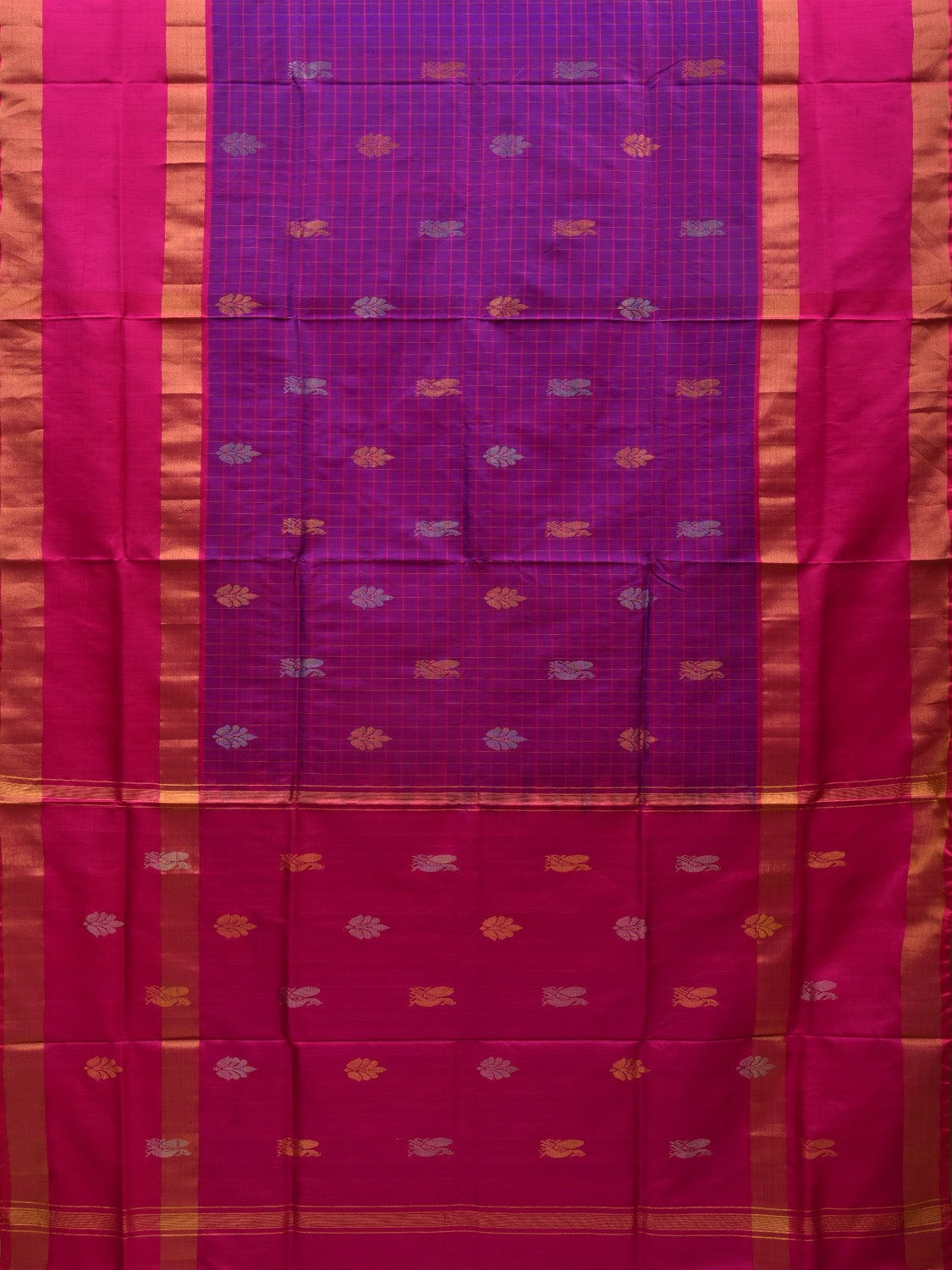 Purple and Pink Uppada Silk Handloom Saree with Checks and Buta Design u1851