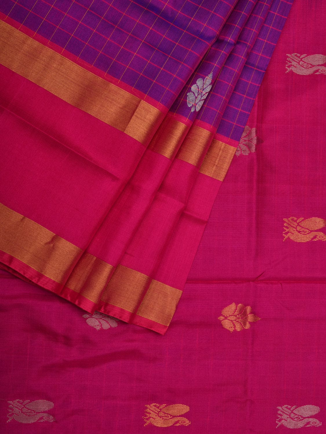Purple and Pink Uppada Silk Handloom Saree with Checks and Buta Design u1851