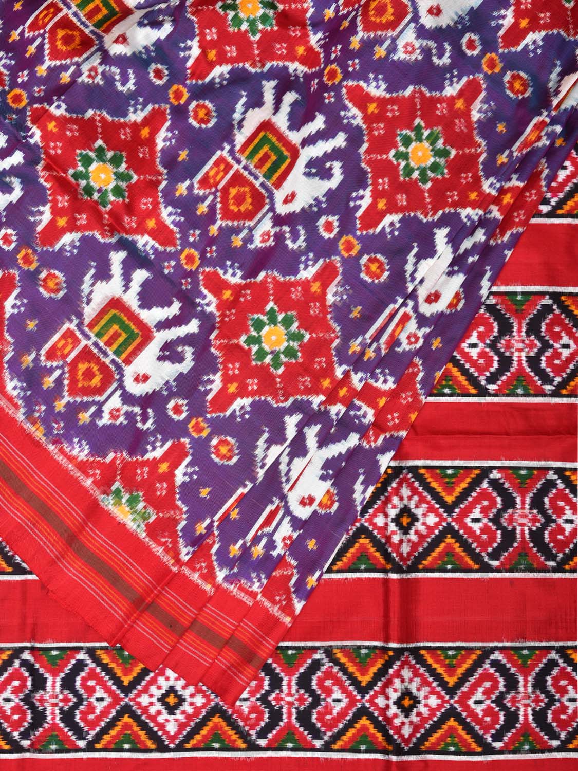 Purple and Red Pochampally Double Ikat Silk Handloom Saree with Elephant Design i0766