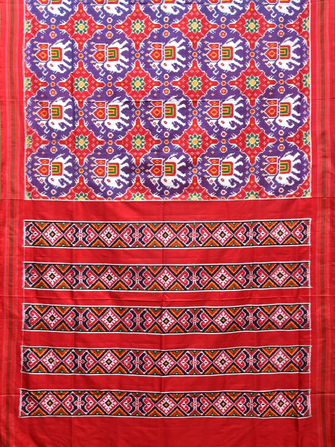 Purple and Red Pochampally Double Ikat Silk Handloom Saree with Elephant Design i0766