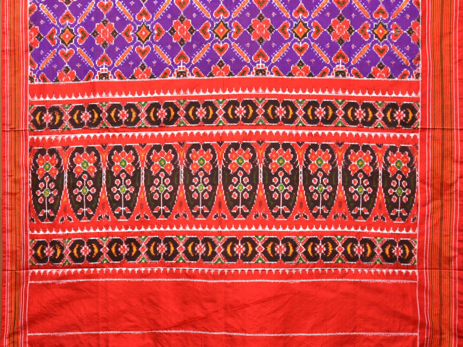 Purple and Red Pochampally Double Ikat Silk Handloom Saree with Panpatola Design i0761