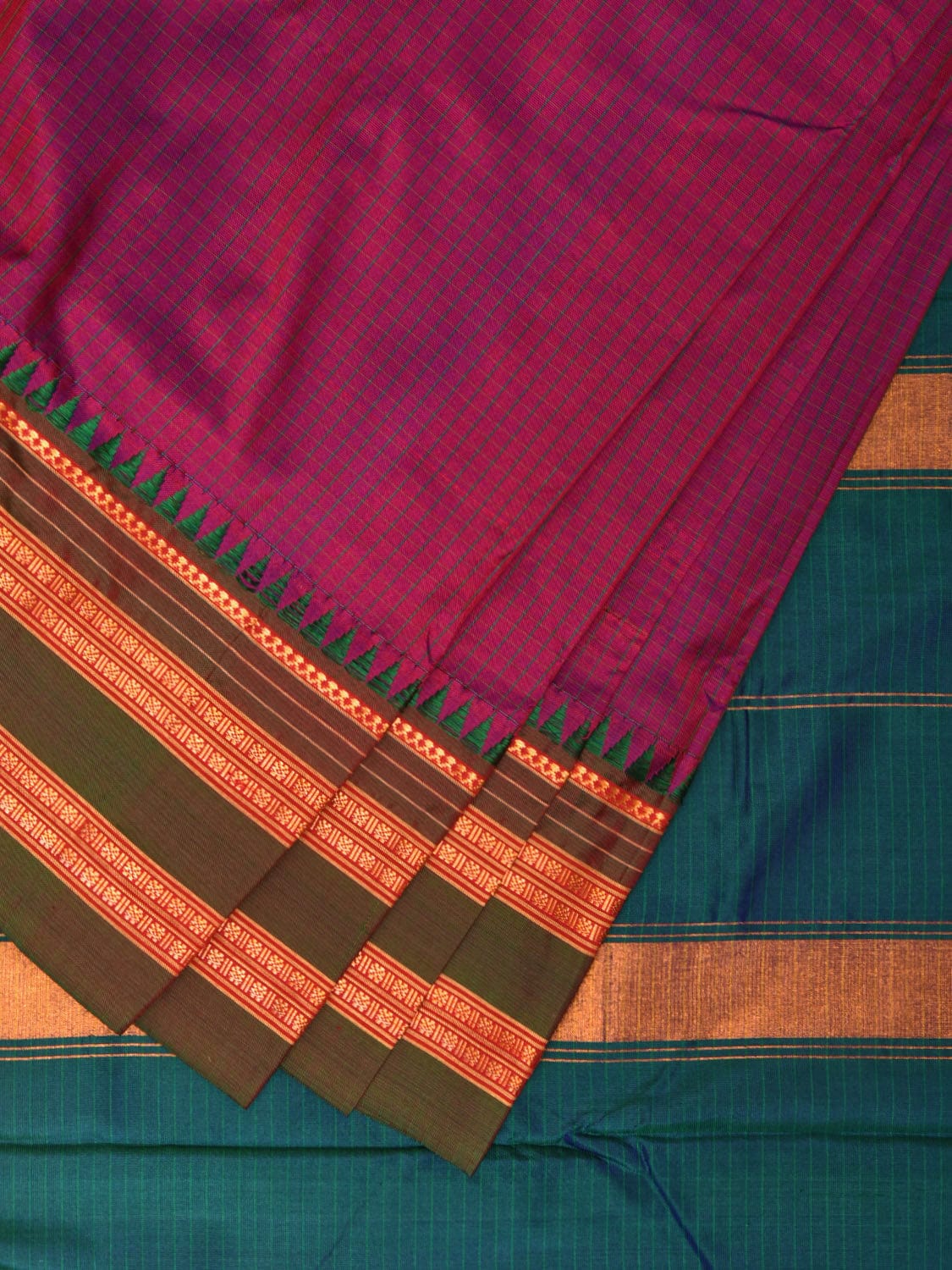 Purple and Teal Narayanpet Silk Handloom Saree with Checks Design No Blouse np0827