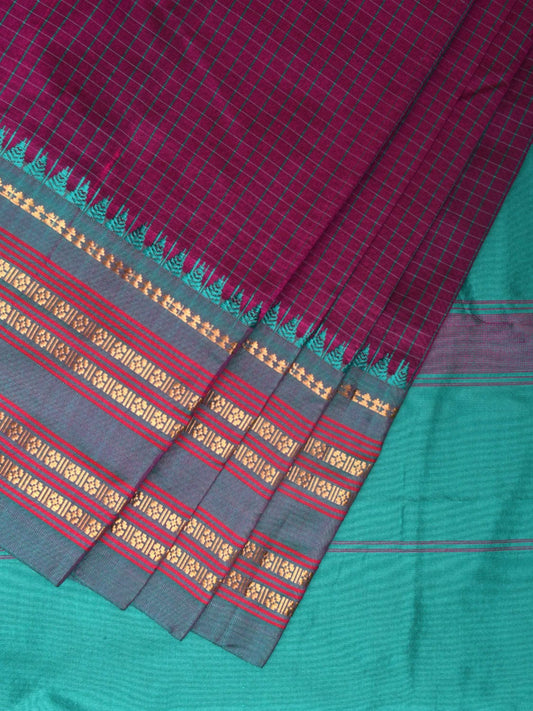 Purple and Turquoise Narayanpet Silk Handloom Saree with Checks Design np0938