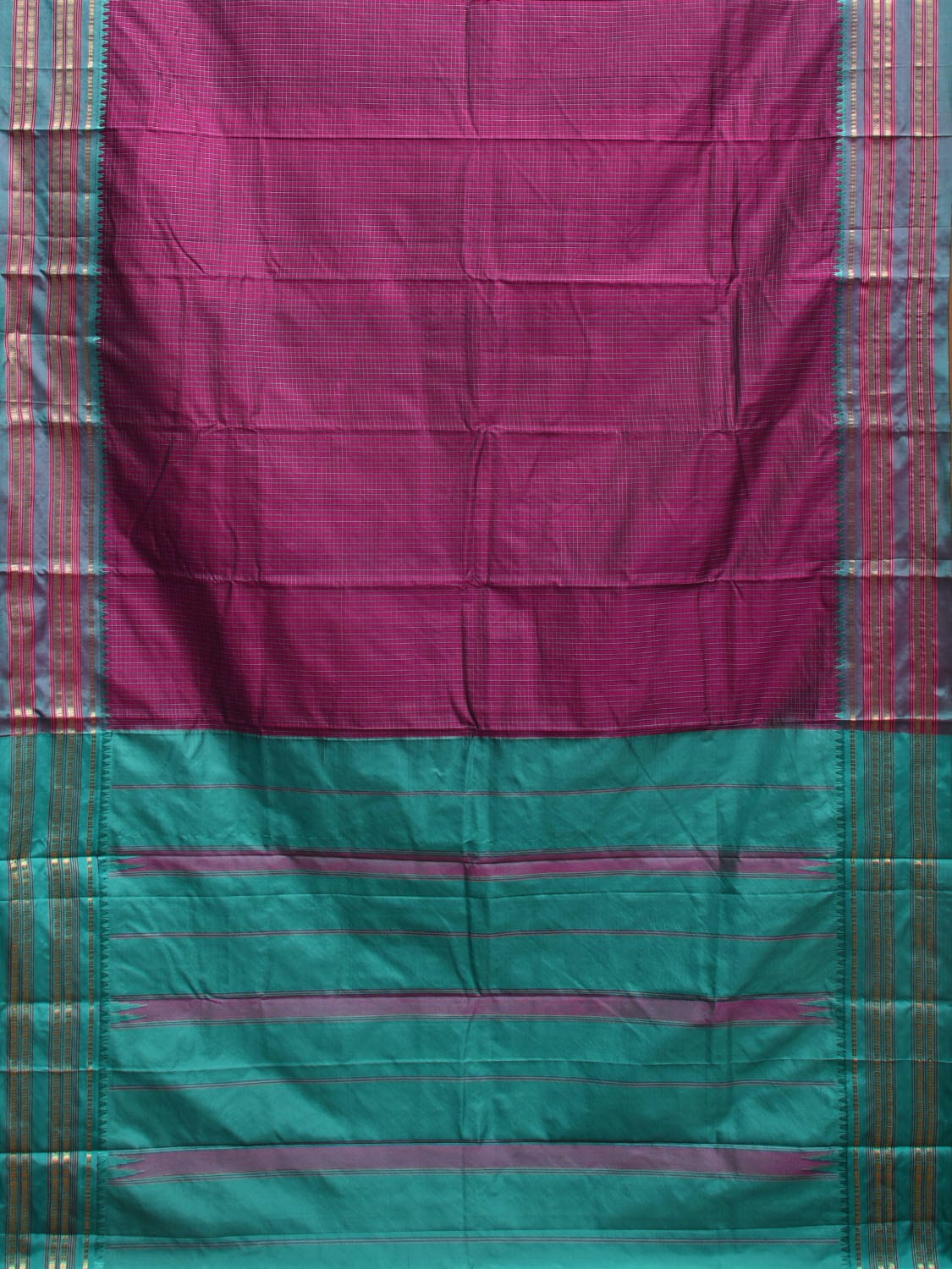 Purple and Turquoise Narayanpet Silk Handloom Saree with Checks Design np0938