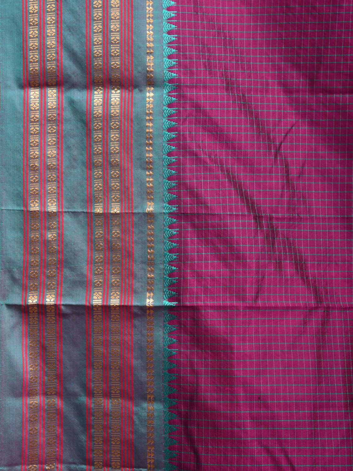 Purple and Turquoise Narayanpet Silk Handloom Saree with Checks Design np0938