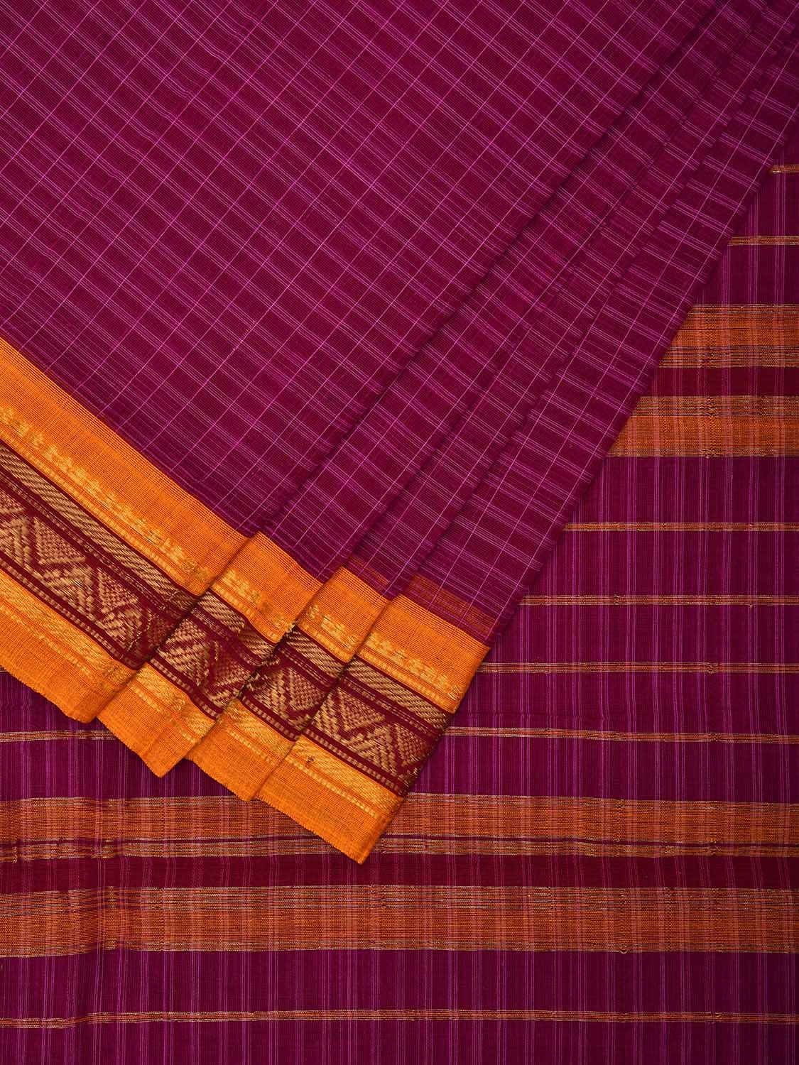 Purple and Yellow Narayanpet Cotton Handloom Saree with Checks Design No Blouse np1037