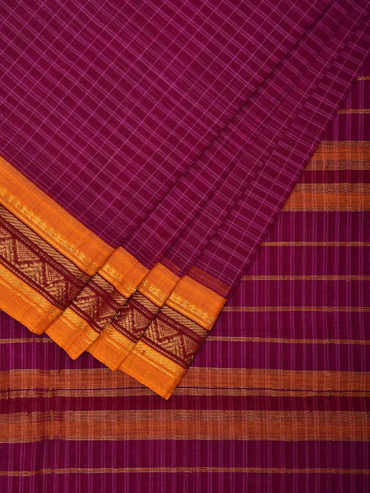 Purple and Yellow Narayanpet Cotton Handloom Saree with Checks Design No Blouse np1037