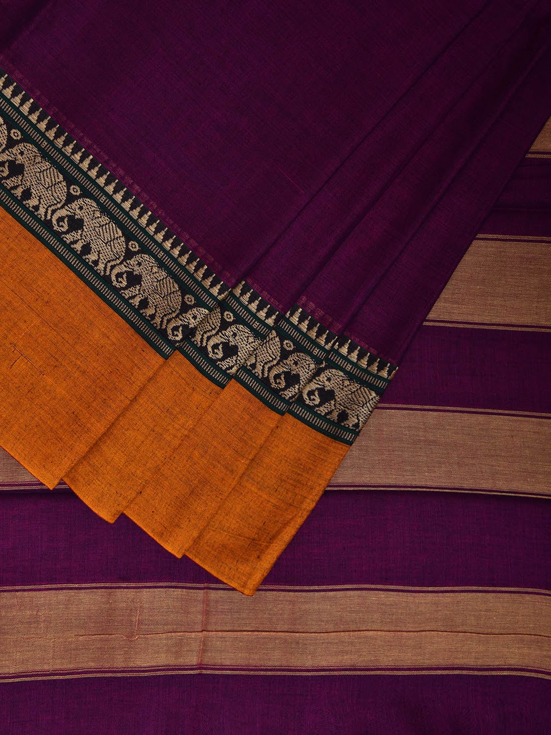 Purple and Yellow Narayanpet Cotton Plain Saree with Strips and Elephant Border Design No Blouse np1096
