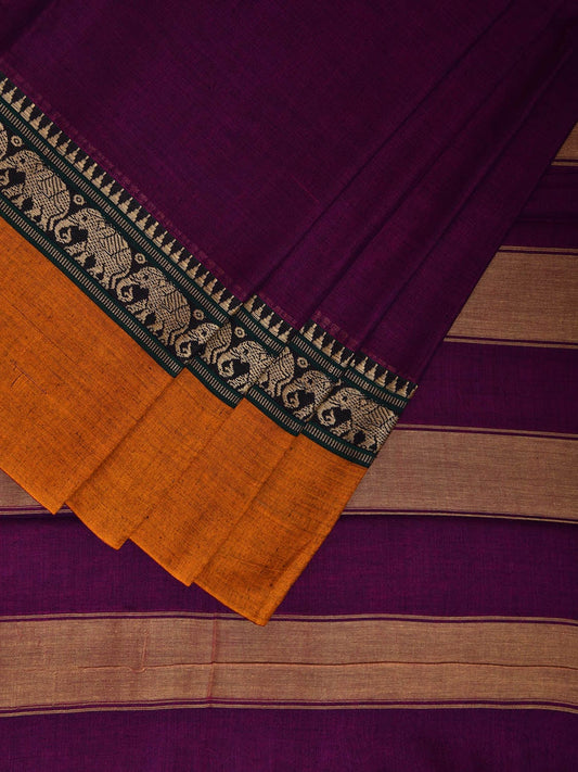 Purple and Yellow Narayanpet Cotton Plain Saree with Strips and Elephant Border Design No Blouse np1096