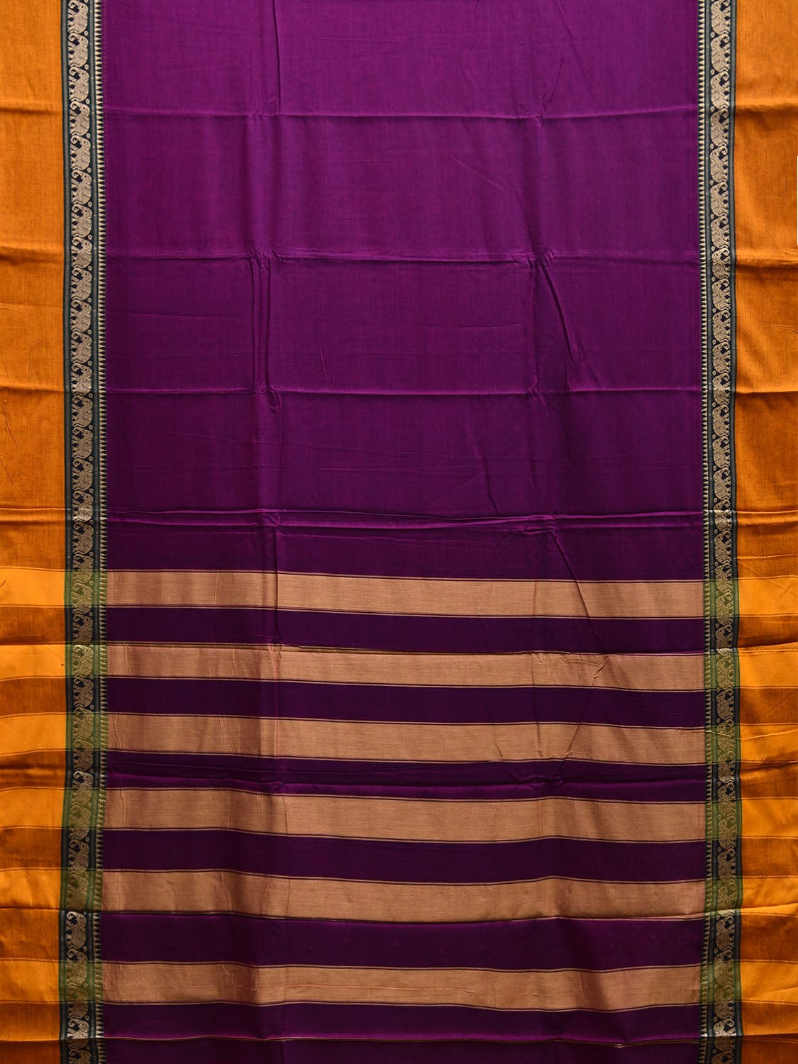 Purple and Yellow Narayanpet Cotton Plain Saree with Strips and Elephant Border Design No Blouse np1096