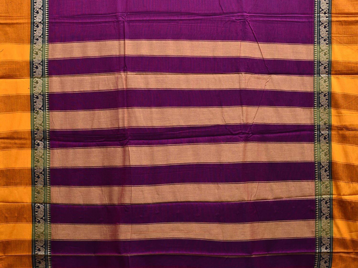 Purple and Yellow Narayanpet Cotton Plain Saree with Strips and Elephant Border Design No Blouse np1096
