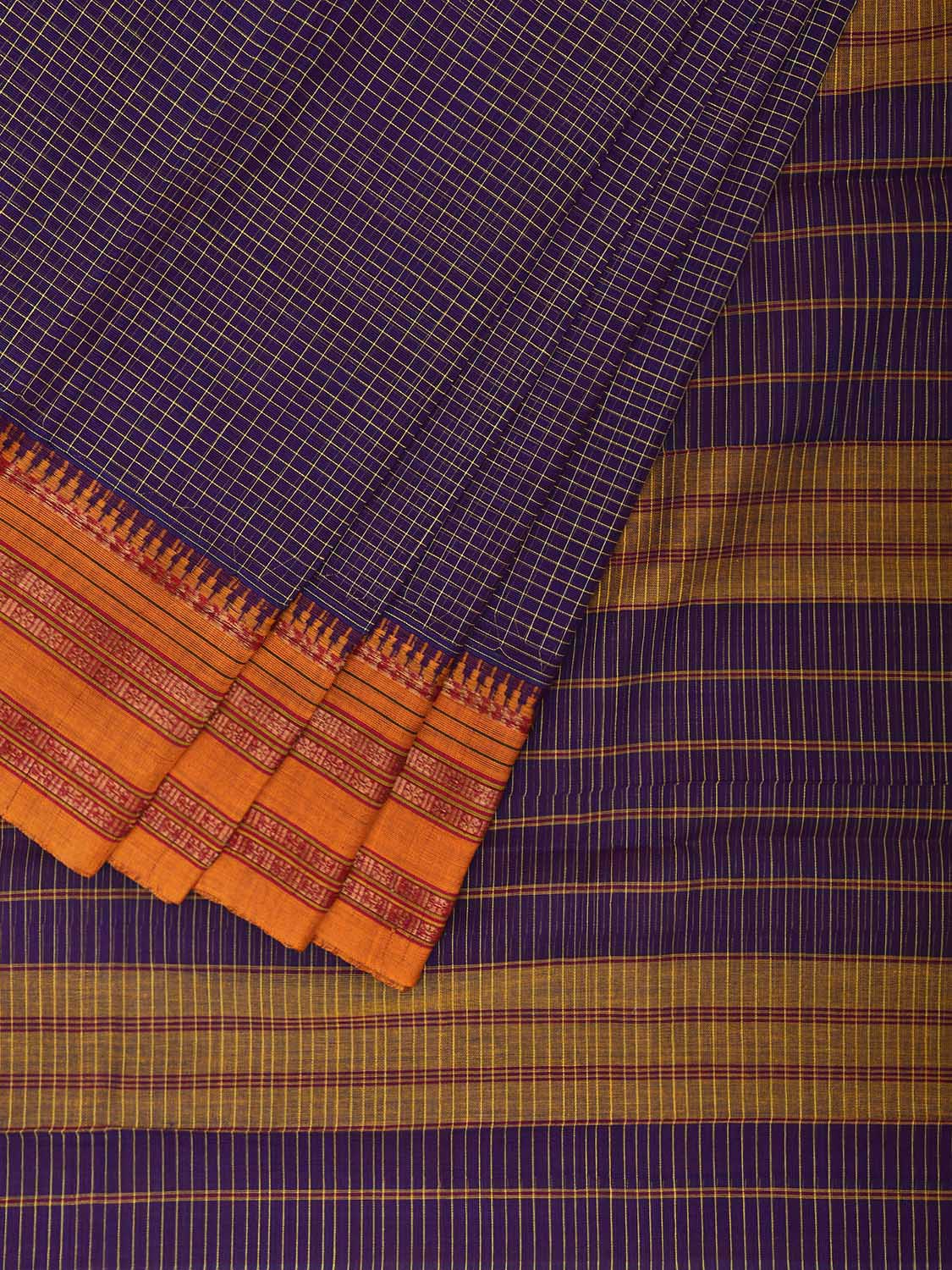 Purple and Yellow Narayanpet Cotton Saree with Checks Design No Blouse np1083