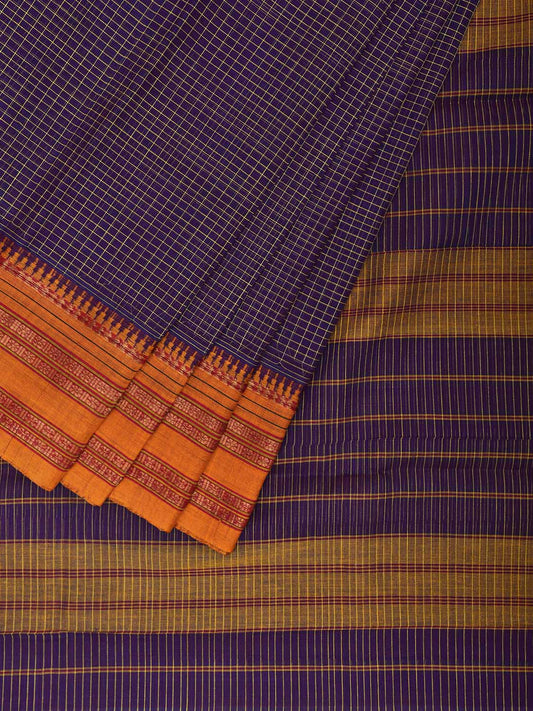 Purple and Yellow Narayanpet Cotton Saree with Checks Design No Blouse np1083