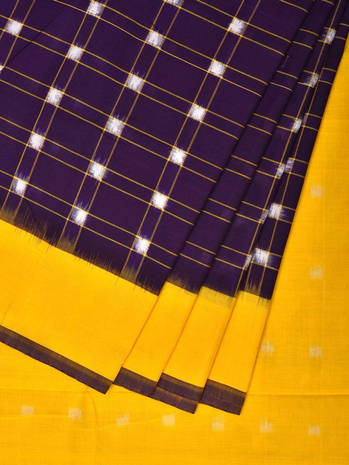 Purple and Yellow Pochampally Ikat Cotton Handloom Saree with Checks Design i0616