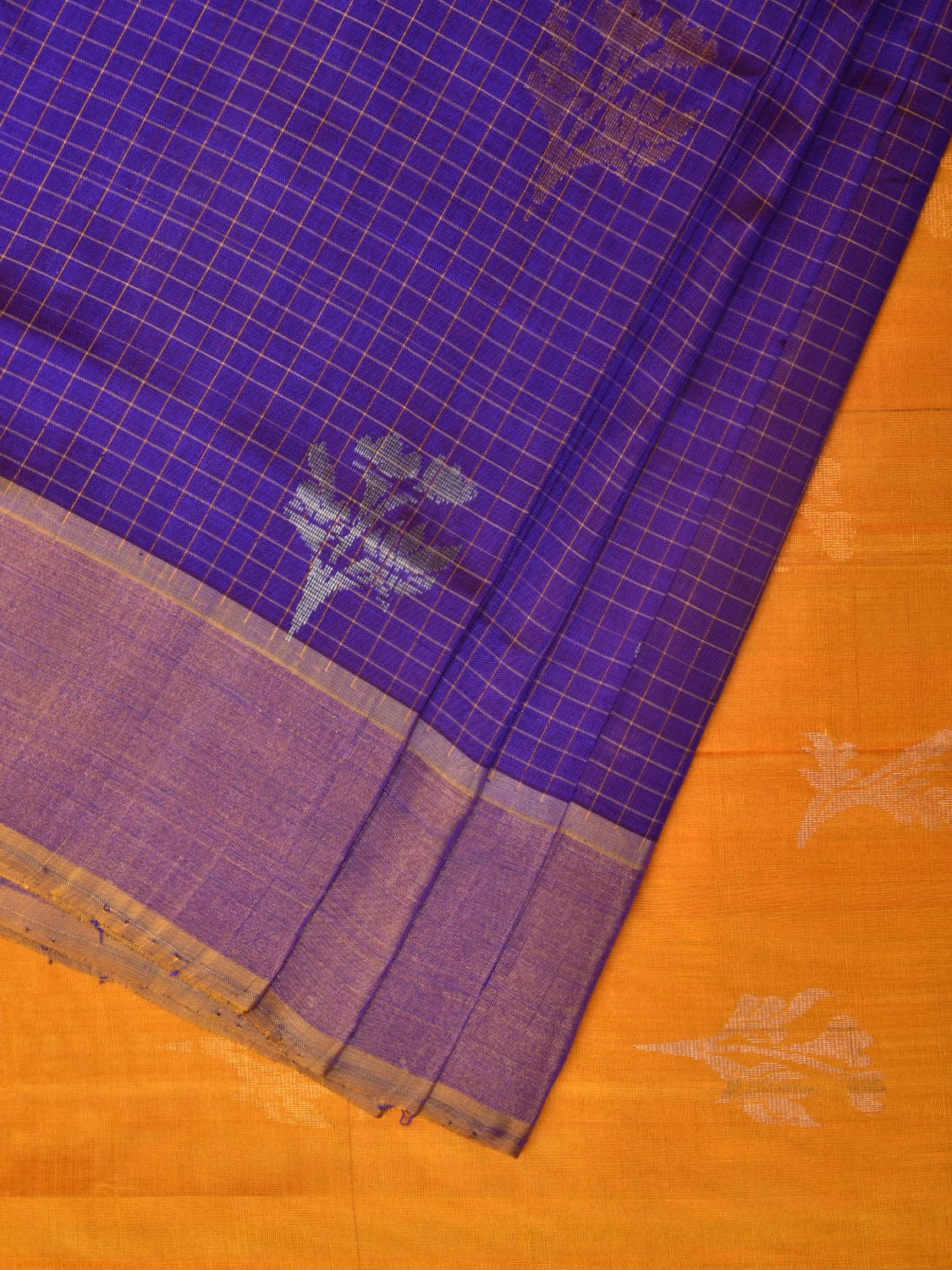 Purple and Yellow Uppada Silk Handloom Saree with Body Buta and Checks Design u2134