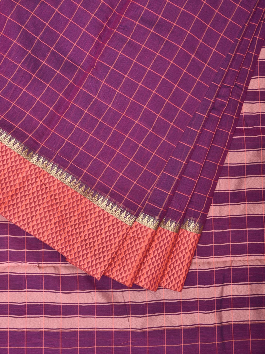 Purple Bamboo Cotton Saree with Big Checks Design bc0137