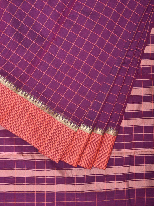 Purple Bamboo Cotton Saree with Big Checks Design bc0137