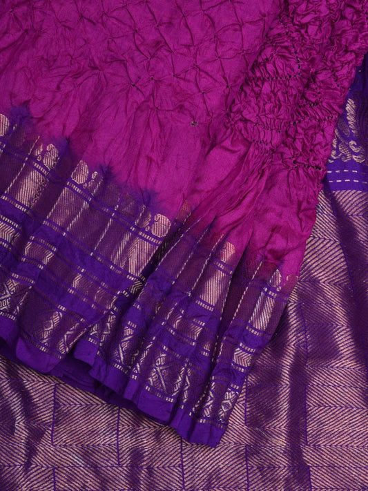 Purple Bandhani Gadwal Silk Handloom Saree with Mango Pallu Design bn0329